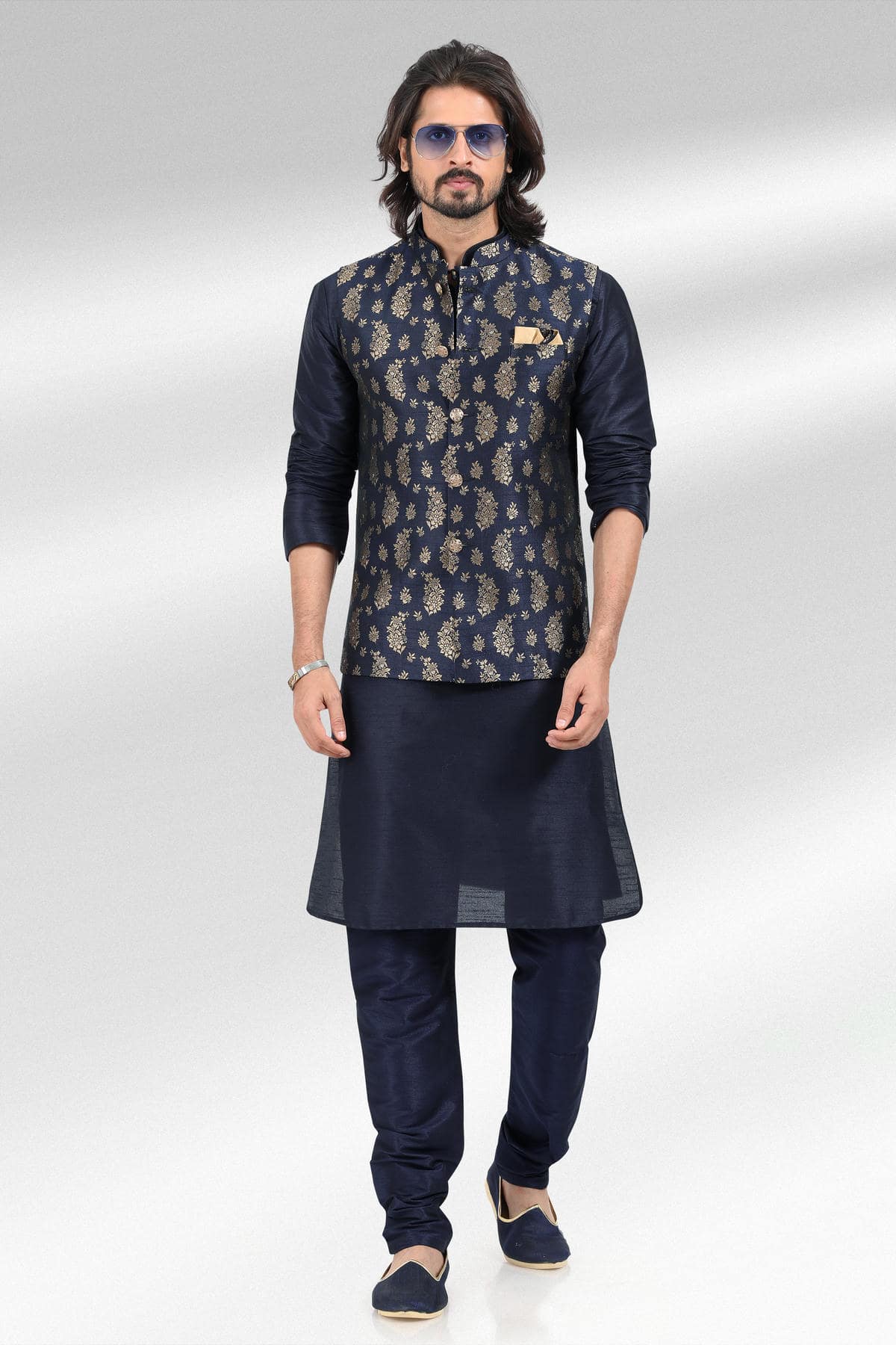 Blue Colour Jacquard Banarasi Silk Woven Work Kurta Pajama With Jacket