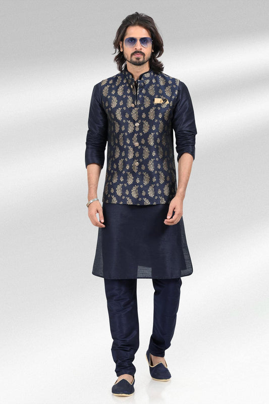 Blue Colour Jacquard Banarasi Silk Woven Work Kurta Pajama With Jacket