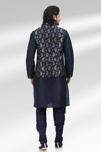Blue Colour Jacquard Banarasi Silk Woven Work Kurta Pajama With Jacket