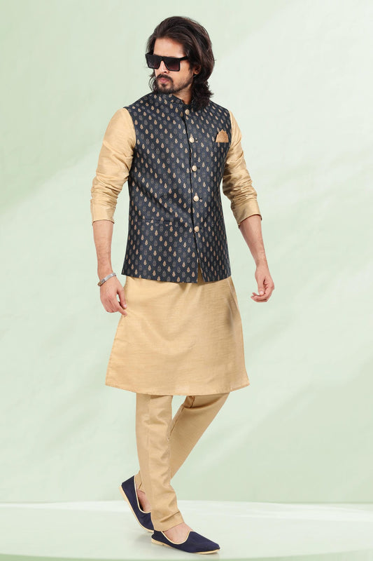 Blue Colour Jacquard Banarasi Silk Woven Work Kurta Pajama With Jacket