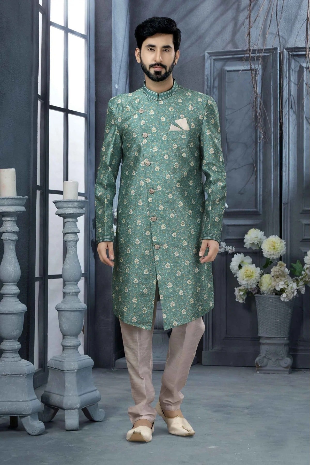 Blue Colour Jacquard Digital Print Sherwani SH1040333