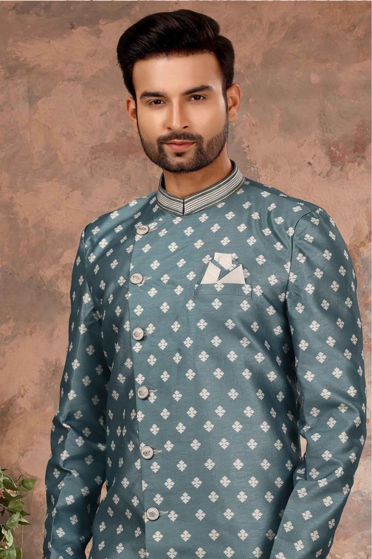 Blue Colour Jacquard Digital Print Sherwani SH1040342 A