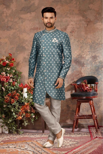 Blue Colour Jacquard Digital Print Sherwani SH1040342