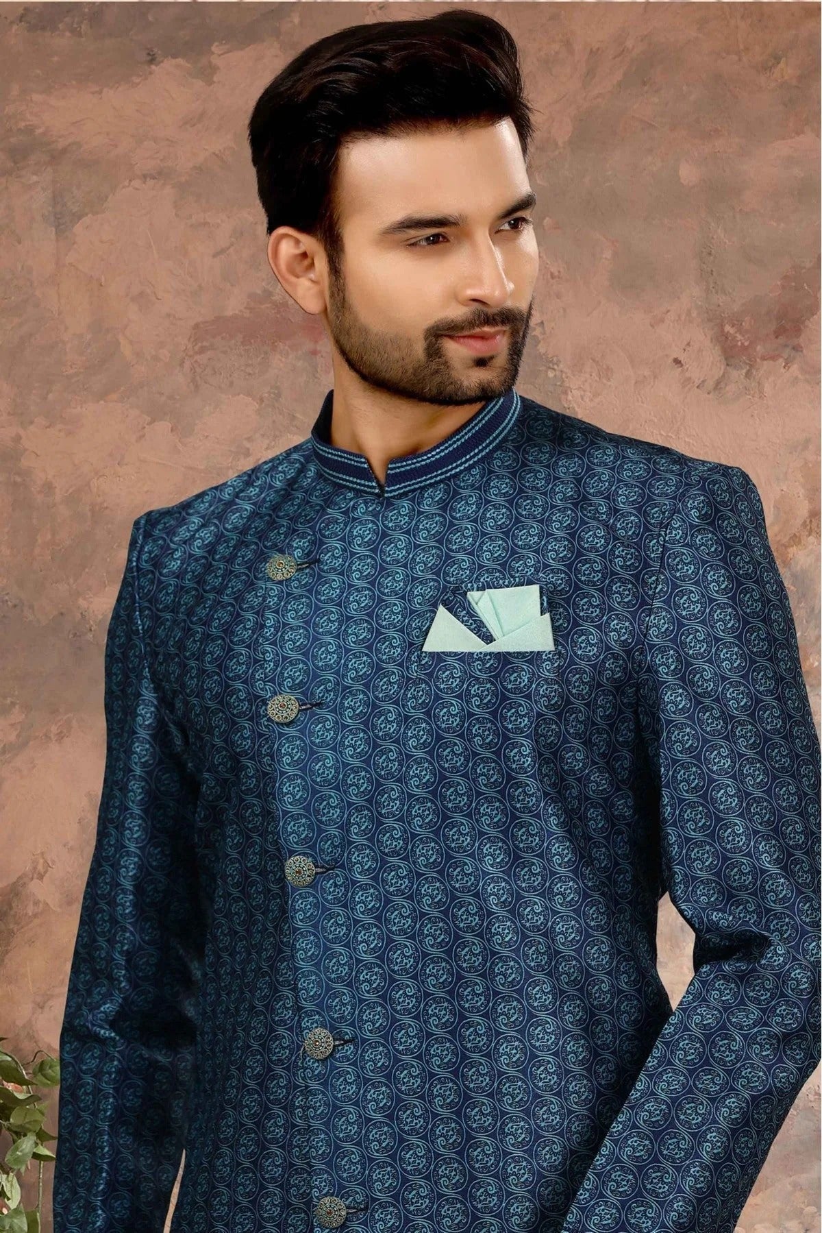 Blue Colour Jacquard Digital Print Sherwani SH1040344 A