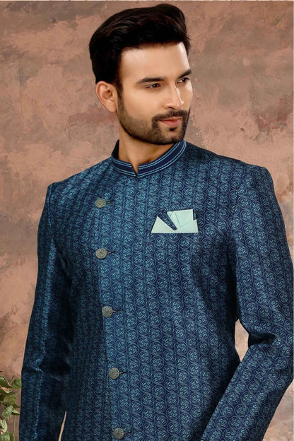 Blue Colour Jacquard Digital Print Sherwani SH1040344 A