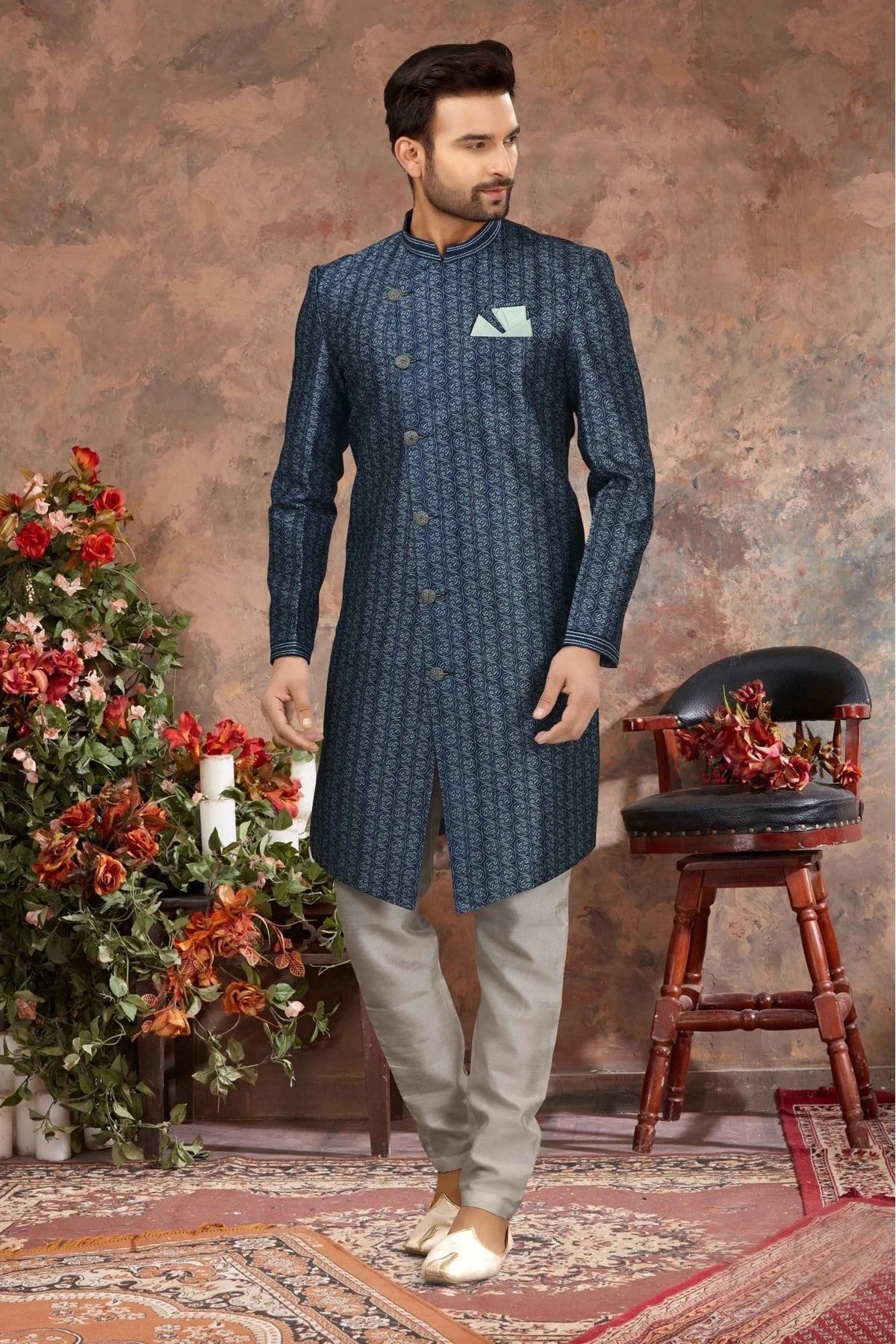 Blue Colour Jacquard Digital Print Sherwani SH1040344