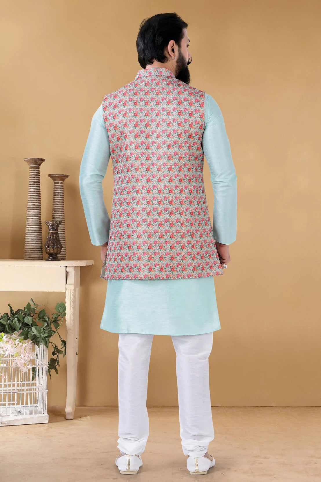 Blue Colour Jacquard Kurta Pajama With Jacket KP1130094 A