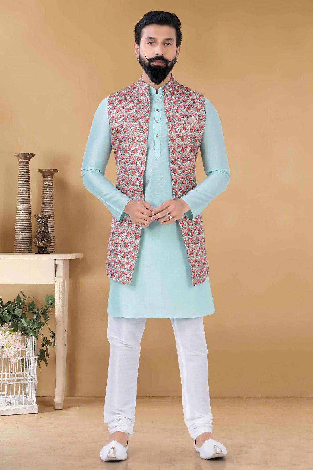 Blue Colour Jacquard Kurta Pajama With Jacket KP1130094