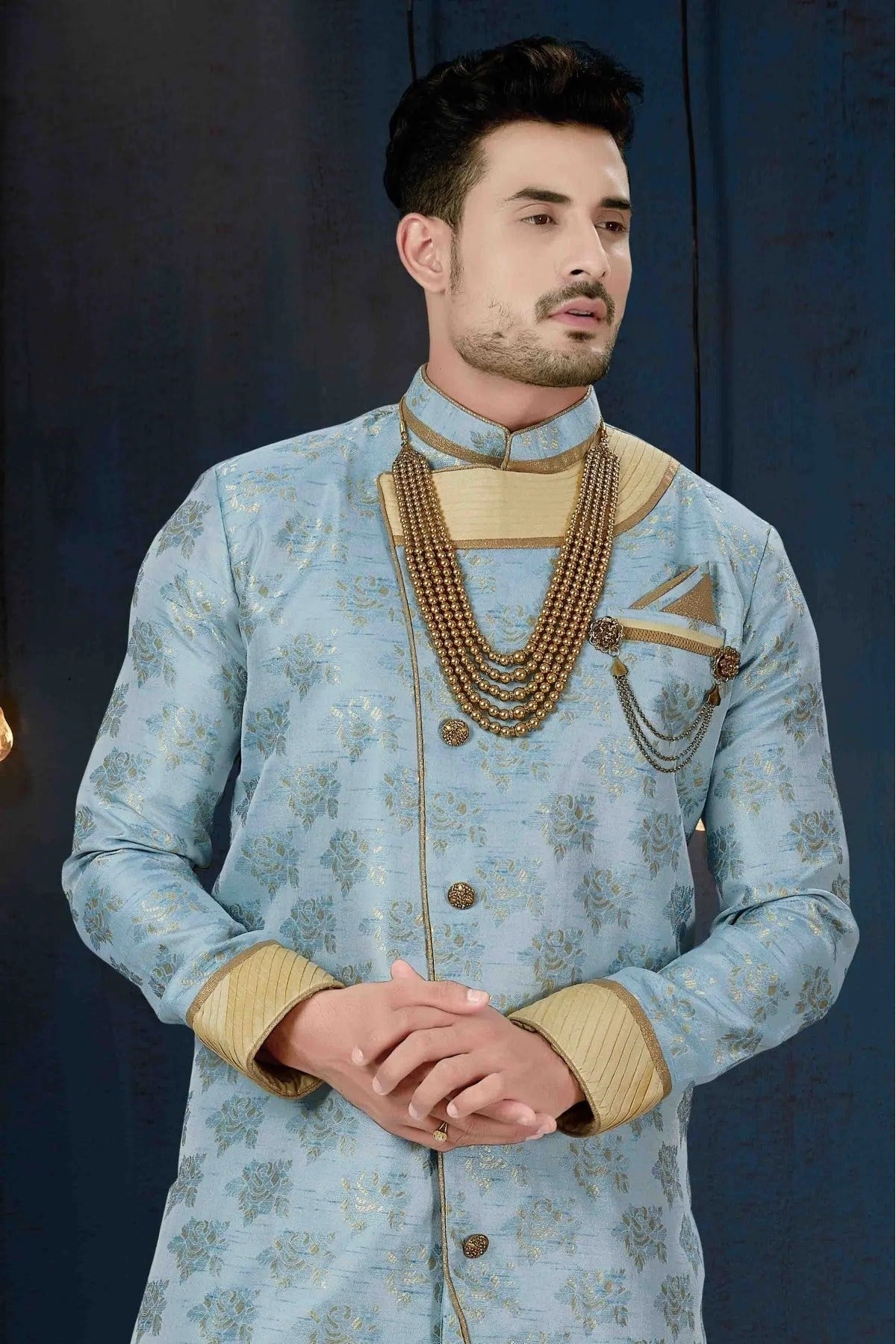 Blue Colour Jacquard Party Wear Dhoti Sherwani SH1040209 A