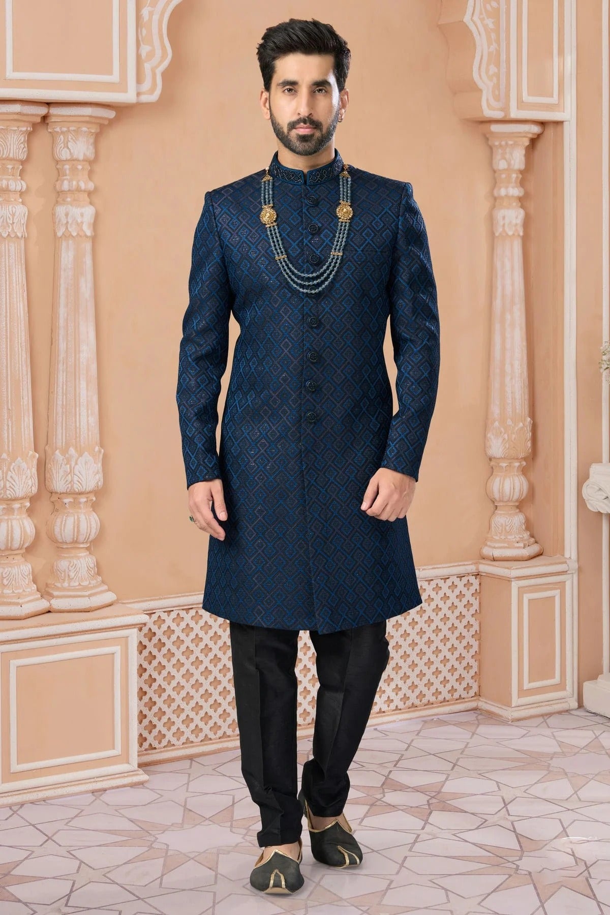 Blue Colour Jacquard Sherwani SH1040576