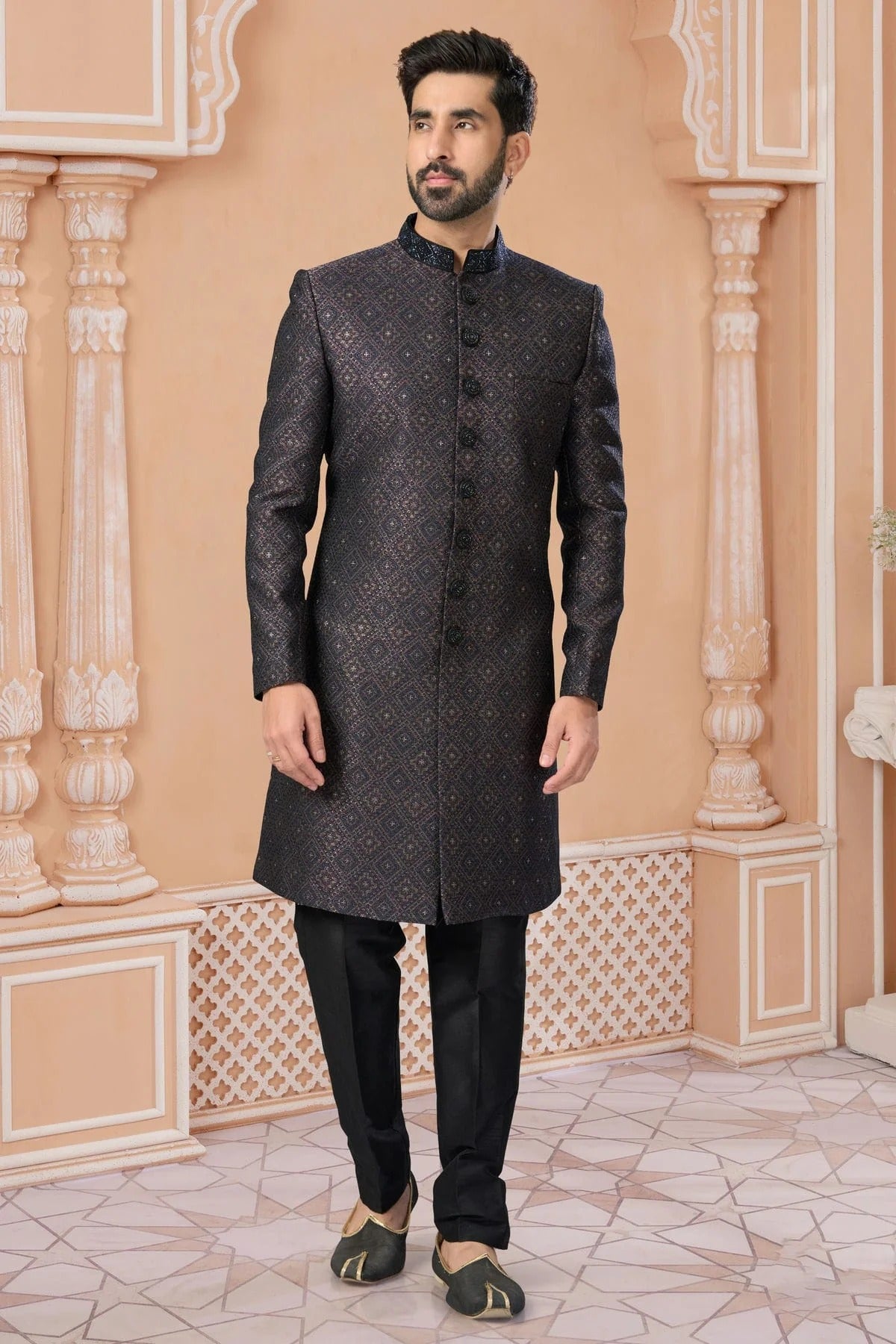 Blue Colour Jacquard Sherwani SH1040580