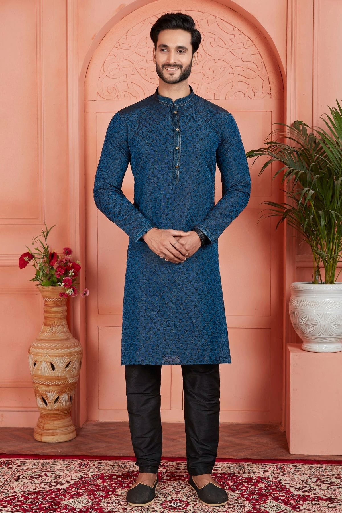 Blue Colour Jacquard Silk Brocade Kurta Pajama KP1230236