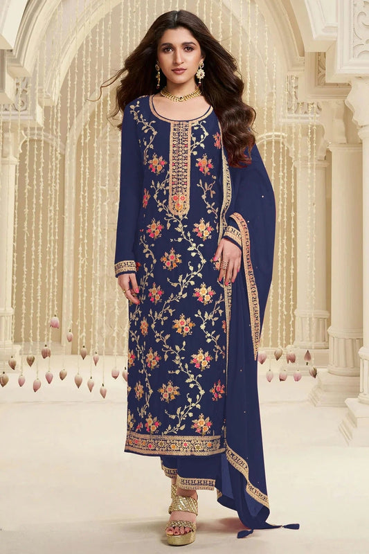 Blue Colour Jacquard Viscose Straight Suit SM1140582