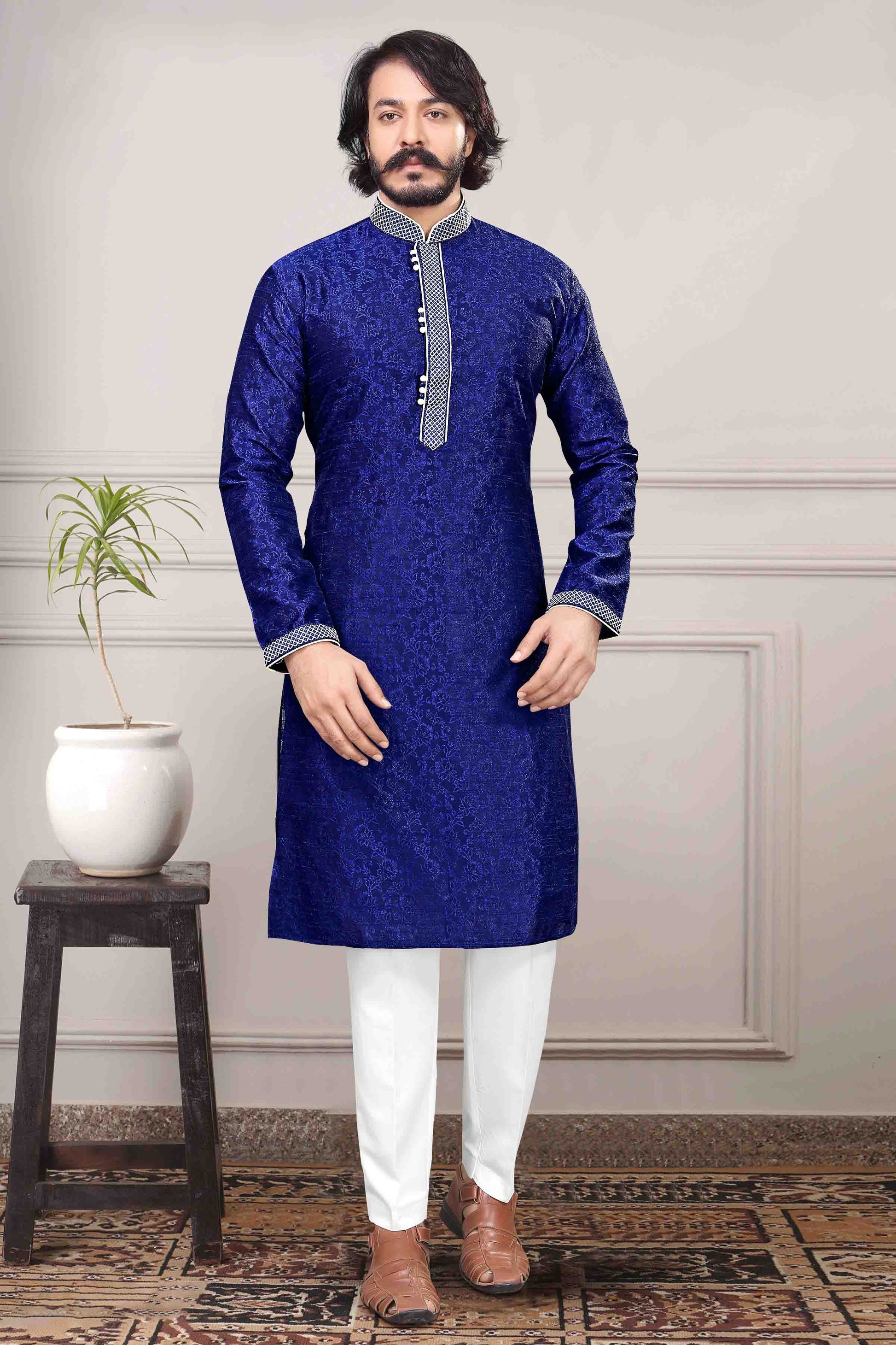 Blue Colour Kurta Pajama In Jacquard Silk KP1210021