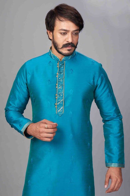 Blue Colour Kurta Pajama In Jacquard Silk KP1210057 A