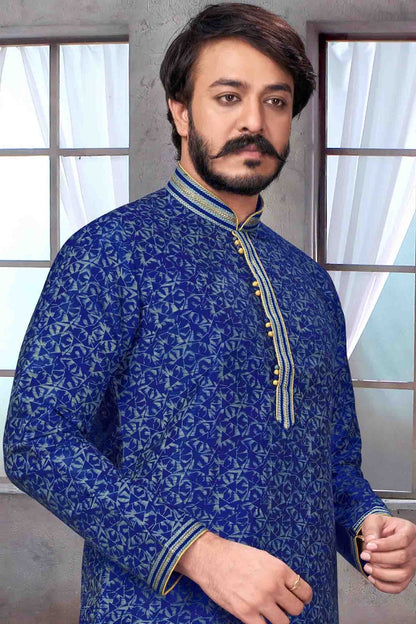 Blue Colour Kurta Pajama In Jacquard Silk KP1210071 A
