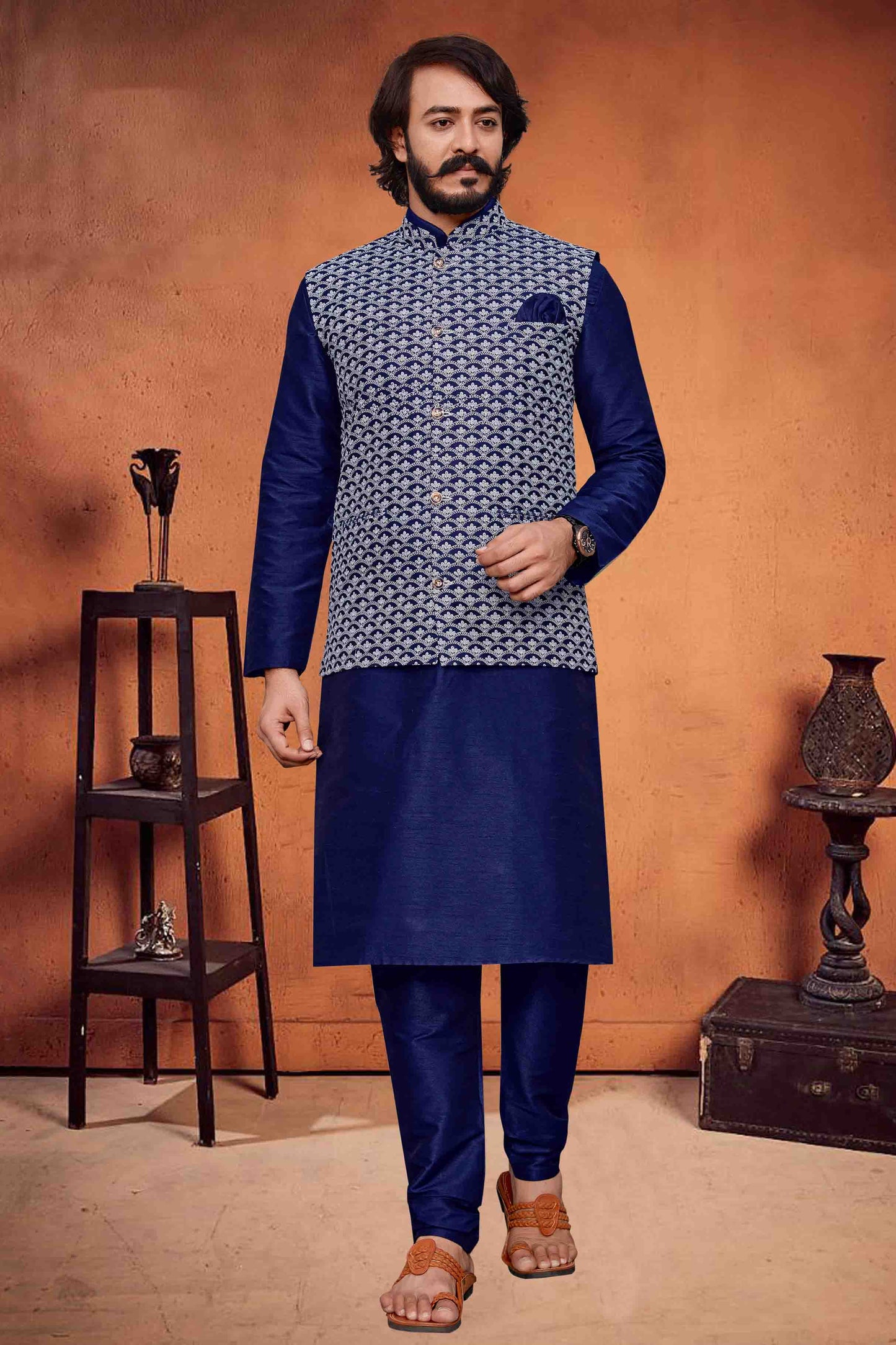 Blue Colour Kurta Pajama With Jacket In Art Silk KP1210288