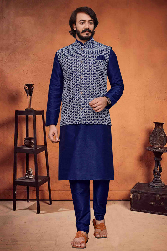 Blue Colour Kurta Pajama With Jacket In Art Silk KP1210288