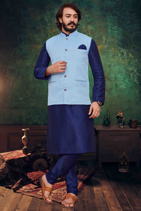 Blue Colour Kurta Pajama With Jacket In Art Silk KP1210295