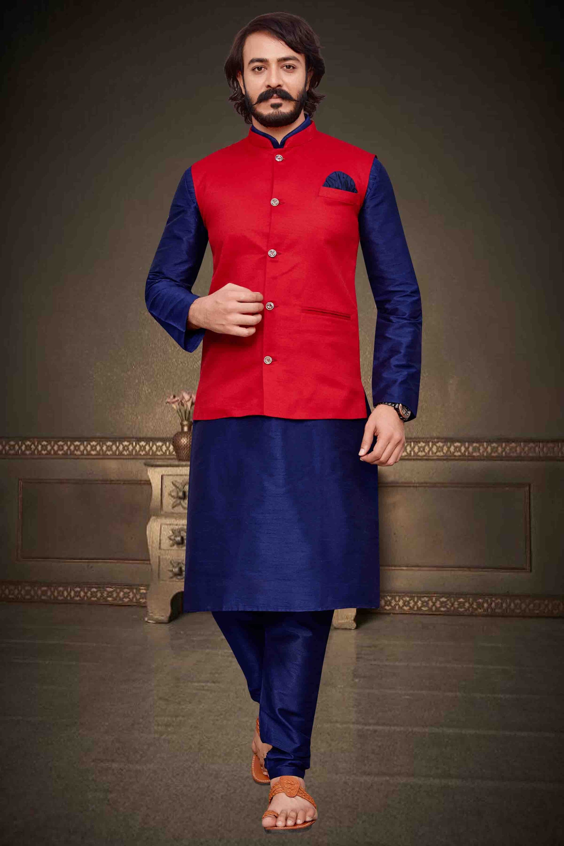 Blue Colour Kurta Pajama With Jacket In Art Silk KP1210296