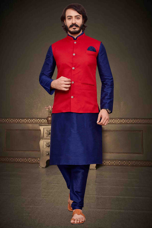 Blue Colour Kurta Pajama With Jacket In Art Silk KP1210296