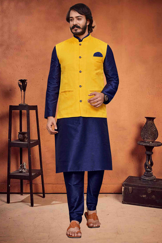 Blue Colour Kurta Pajama With Jacket In Art Silk KP1210297