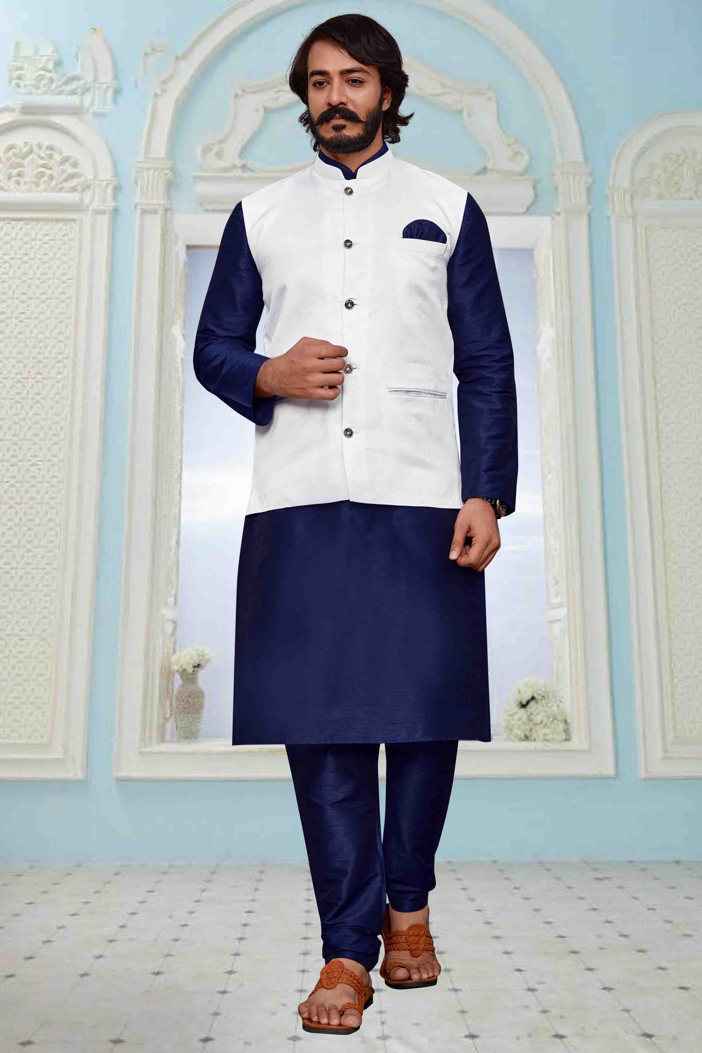 Blue Colour Kurta Pajama With Jacket In Art Silk KP1210298
