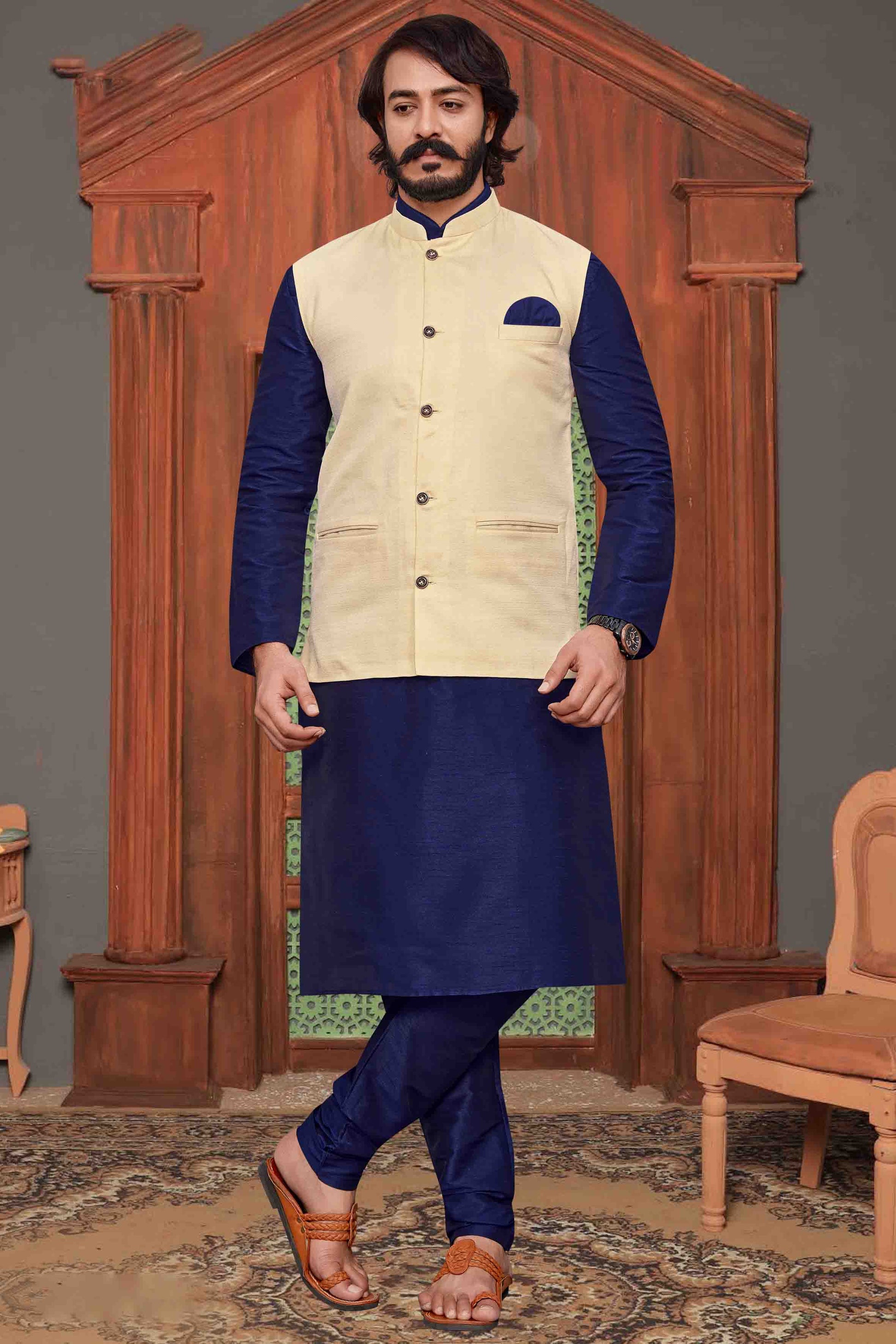 Blue Colour Kurta Pajama With Jacket In Art Silk KP1210299