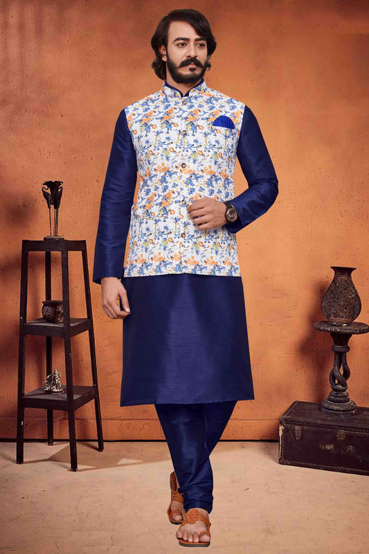 Blue Colour Kurta Pajama With Jacket In Art Silk KP1210306