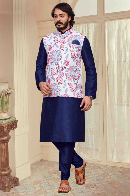 Blue Colour Kurta Pajama With Jacket In Art Silk KP1210307