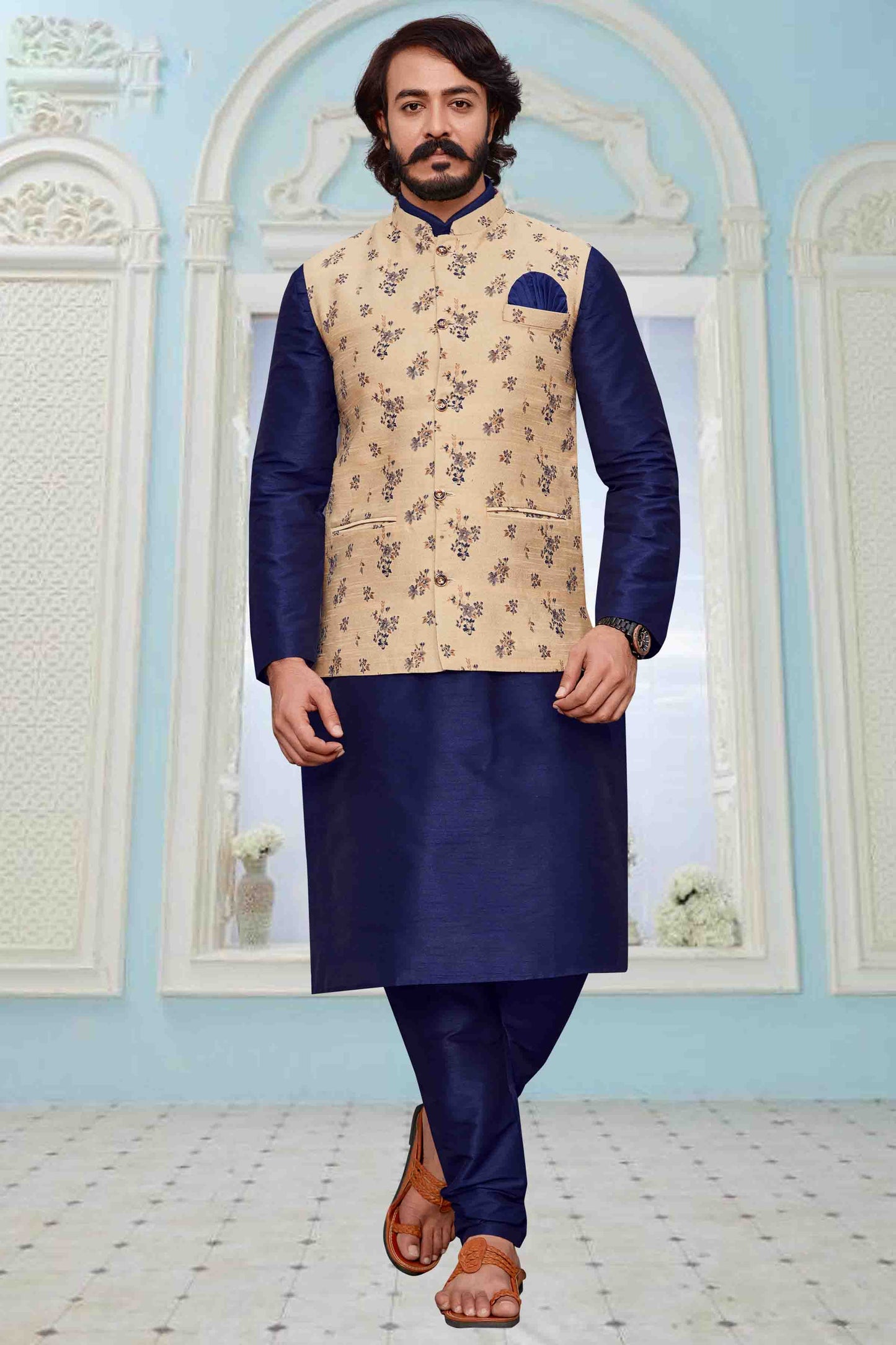 Blue Colour Kurta Pajama With Jacket In Art Silk KP1210322