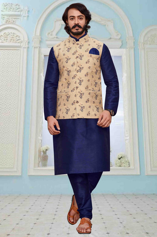 Blue Colour Kurta Pajama With Jacket In Art Silk KP1210322