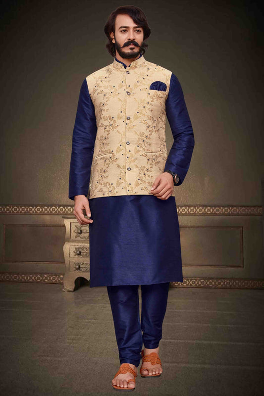 Blue Colour Kurta Pajama With Jacket In Art Silk KP1210352