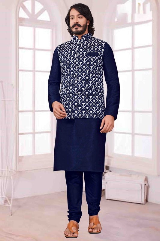 Blue Colour Kurta Pajama With Jacket In Art Silk KP1210369