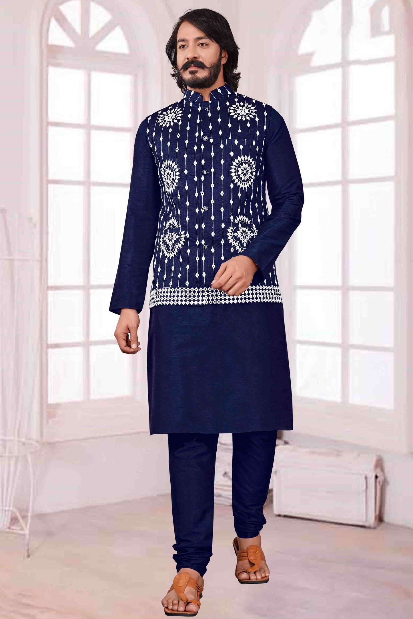 Blue Colour Kurta Pajama With Jacket In Art Silk KP1210381