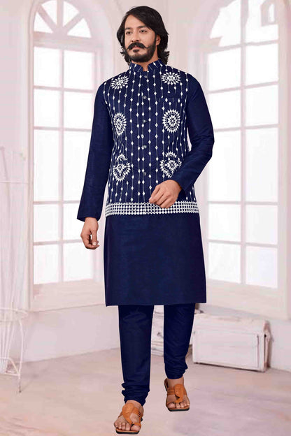 Blue Colour Kurta Pajama With Jacket In Art Silk KP1210381