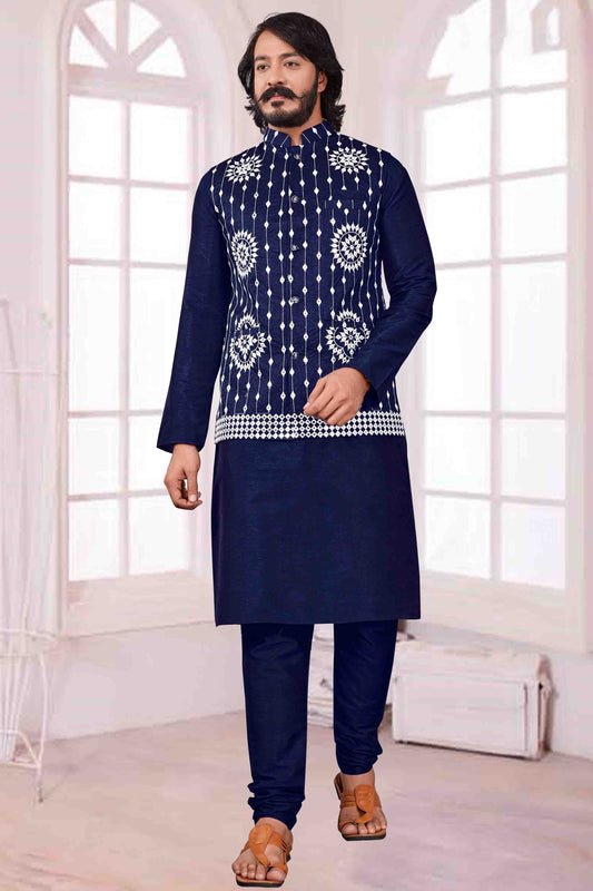 Blue Colour Kurta Pajama With Jacket In Art Silk KP1210381