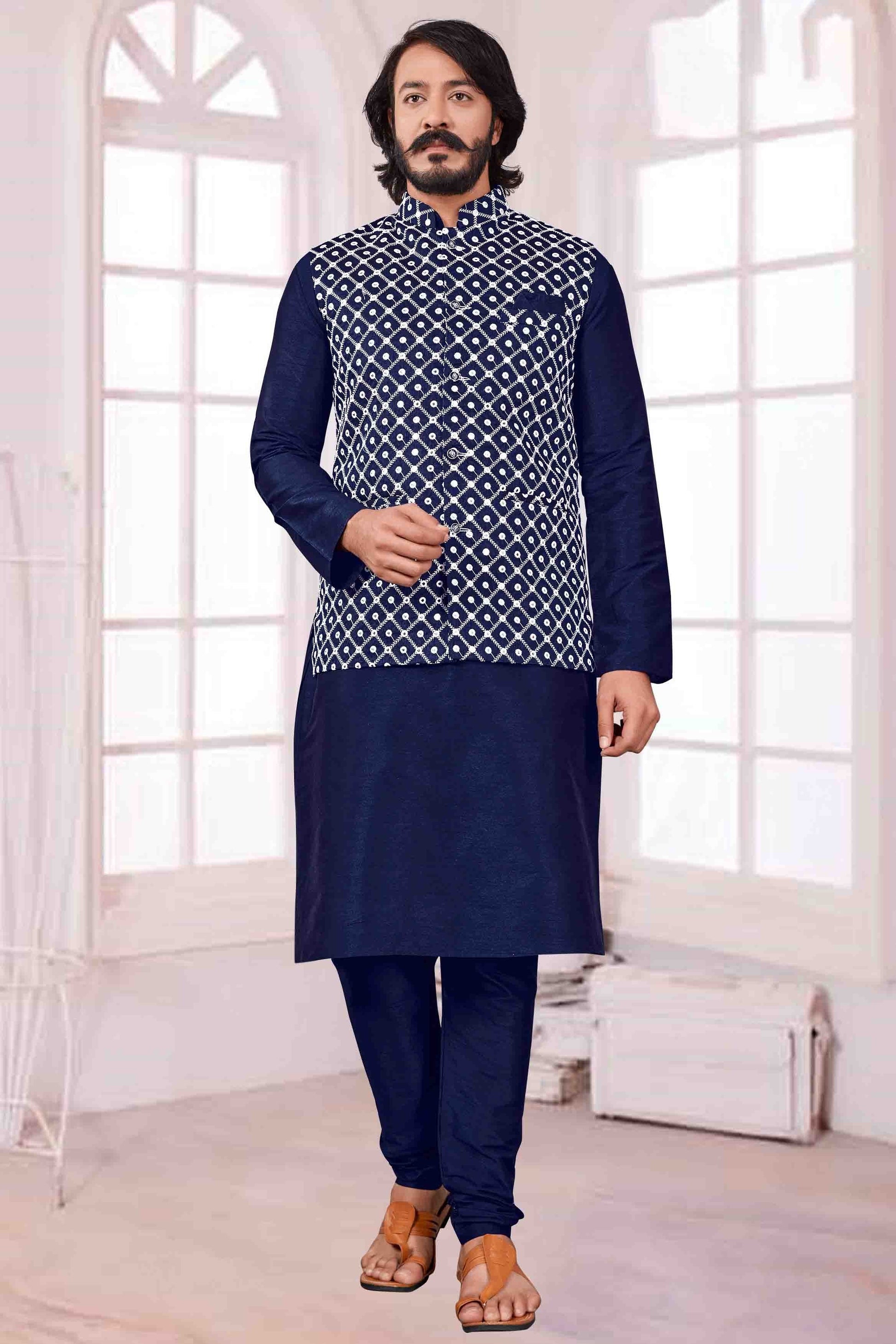 Blue Colour Kurta Pajama With Jacket In Art Silk KP1210401