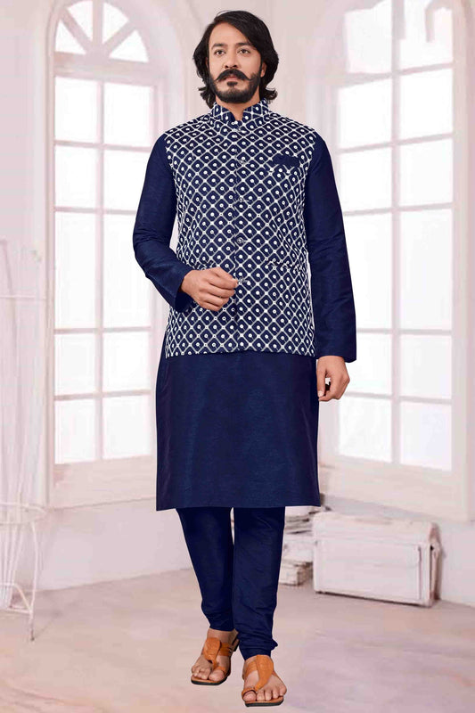 Blue Colour Kurta Pajama With Jacket In Art Silk KP1210401