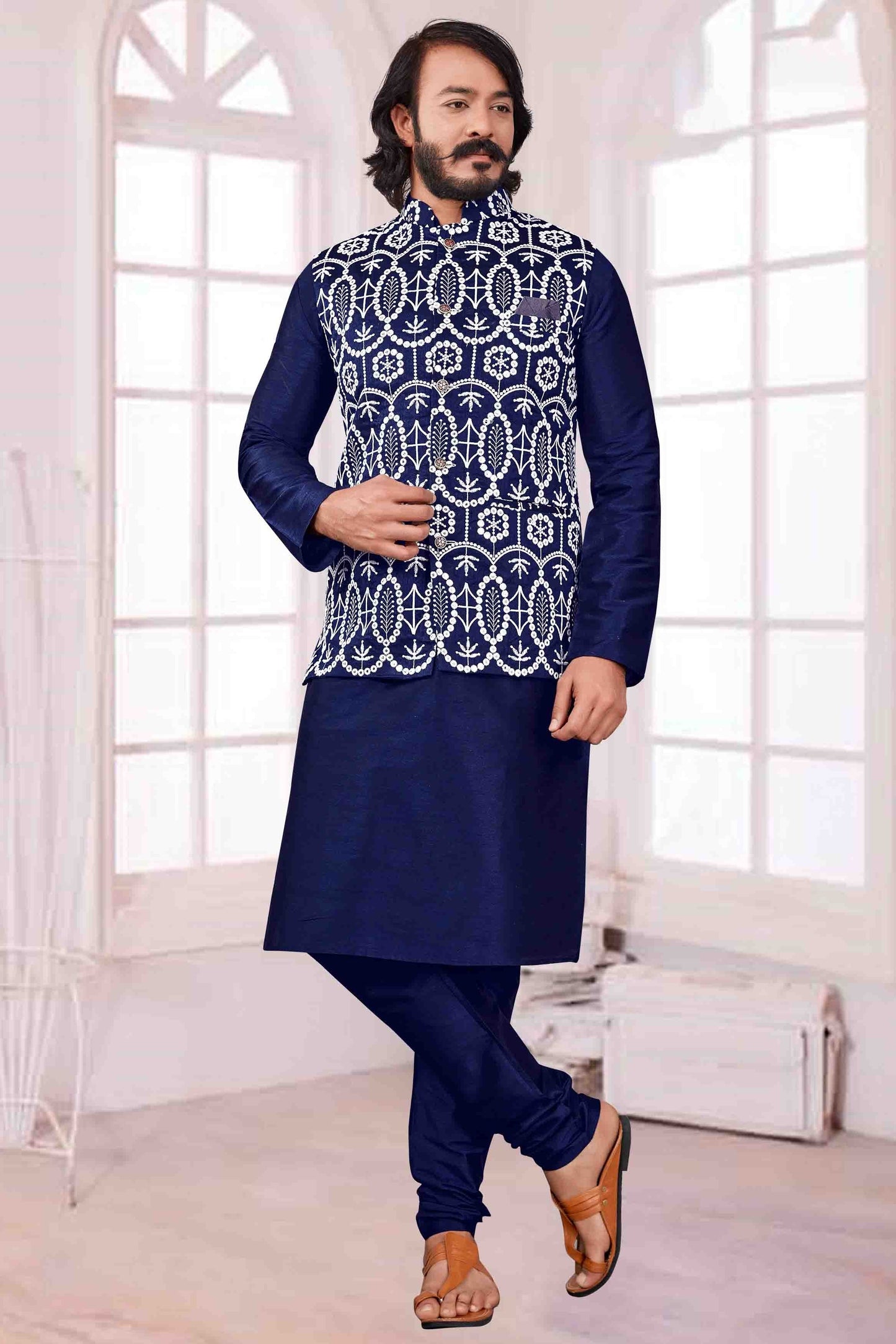 Blue Colour Kurta Pajama With Jacket In Art Silk KP1210427