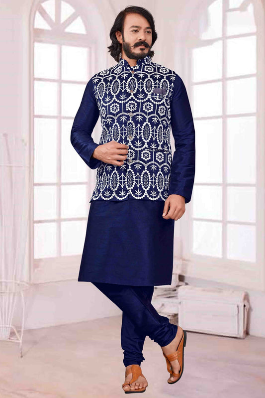 Blue Colour Kurta Pajama With Jacket In Art Silk KP1210427