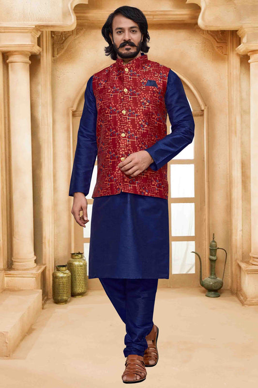 Blue Colour Kurta Pajama With Jacket In Art Silk KP1210479