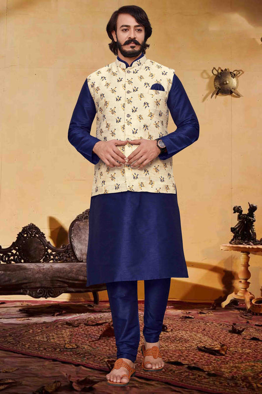 Blue Colour Kurta Pajama With Jacket In Fancy Silk KP1210348