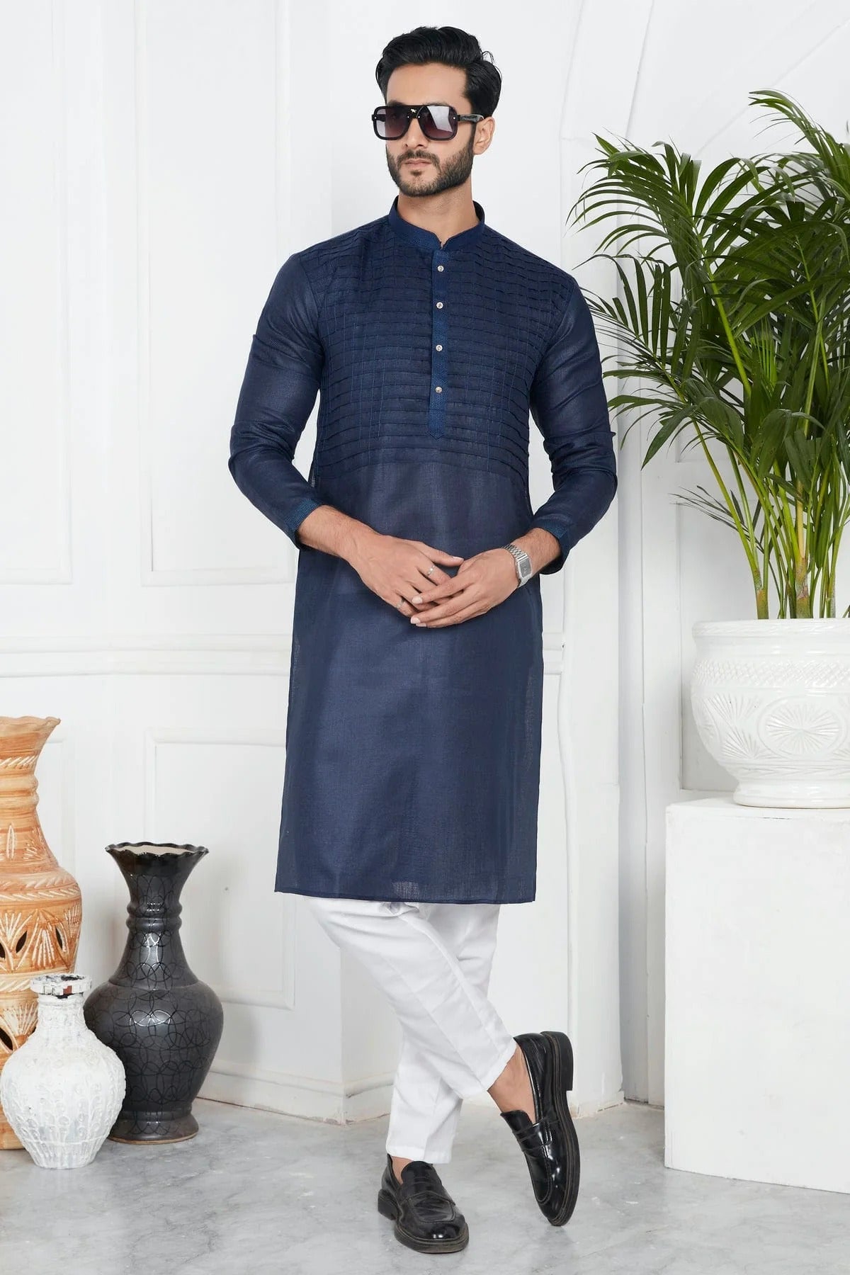 Blue Colour Linen Cotton Pintex Work Kurta Pajama KP1230128 A