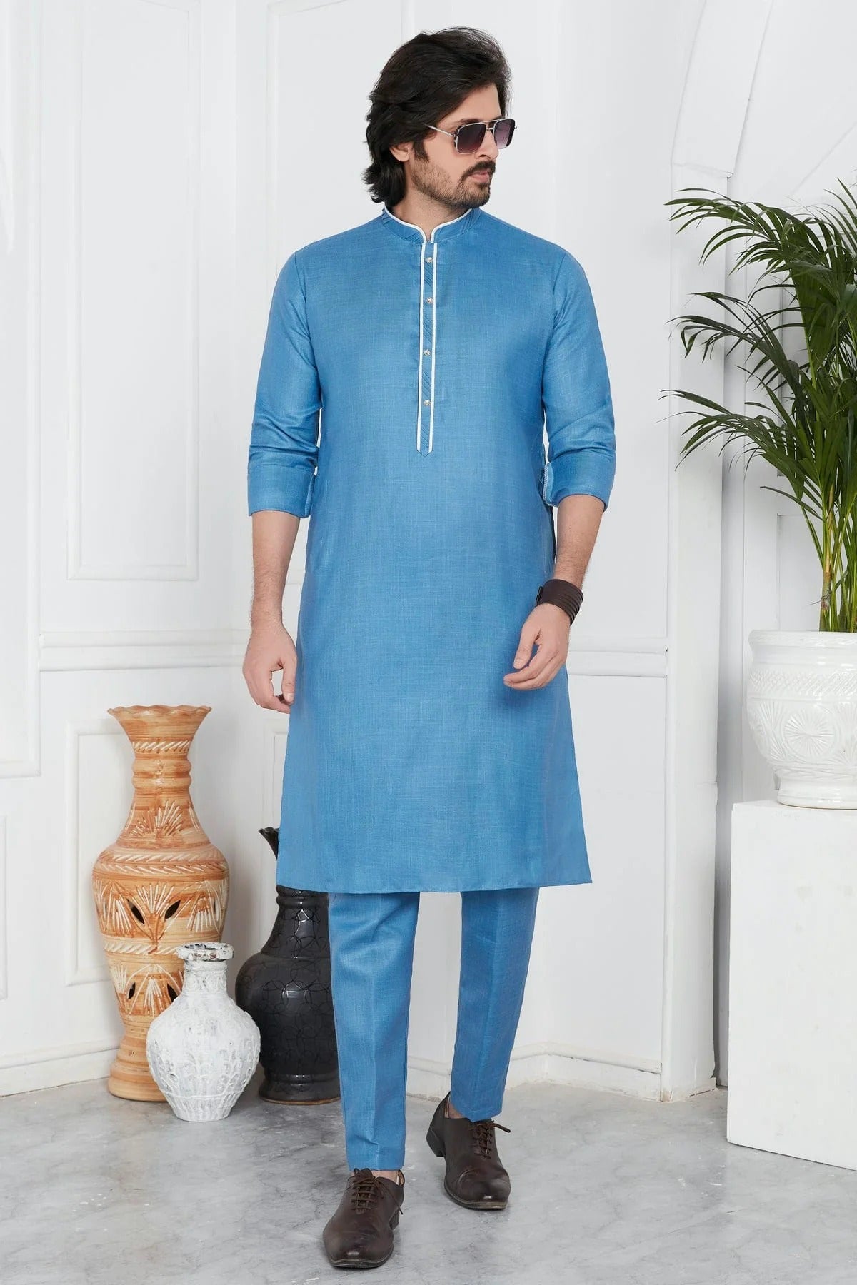 Blue Colour Linen Cotton Pintex Work Kurta Pajama KP1230130 A