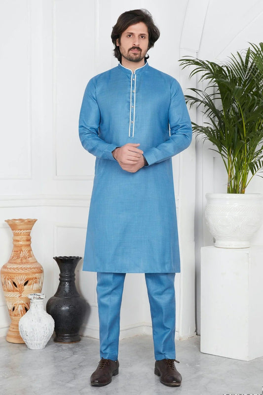 Blue Colour Linen Cotton Pintex Work Kurta Pajama KP1230130