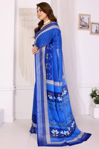 Blue Colour Linen Cotton Printed Saree