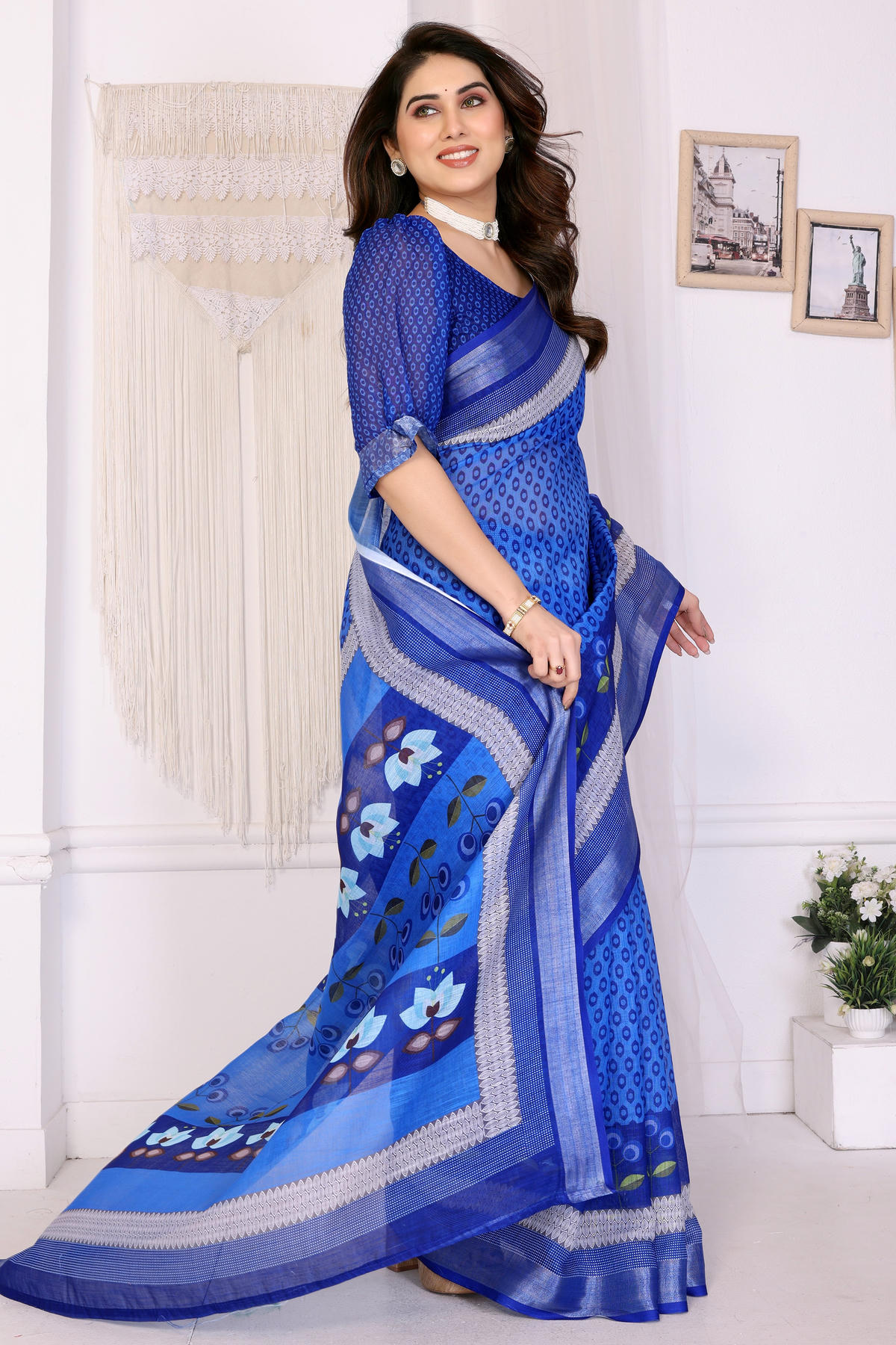 Blue Colour Linen Cotton Printed Saree