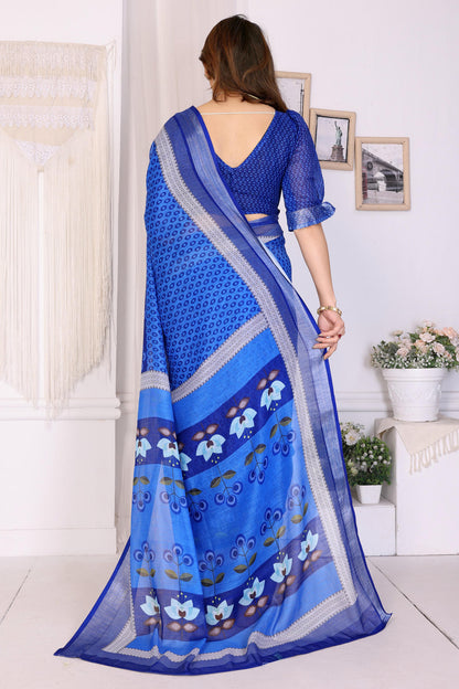 Blue Colour Linen Cotton Printed Saree