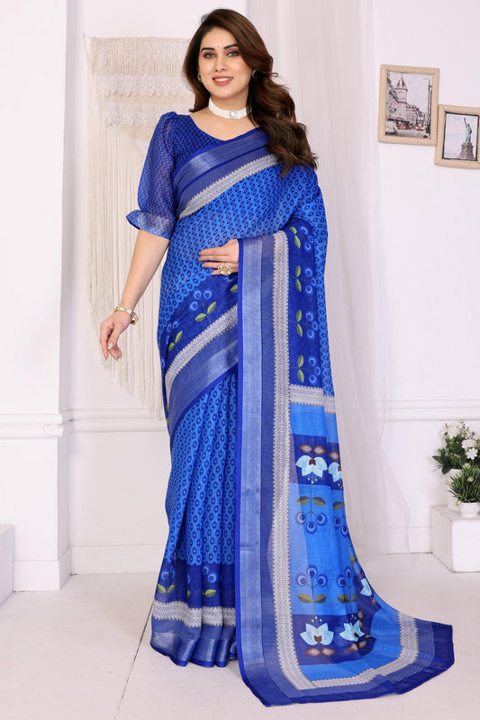 Blue Colour Linen Cotton Printed Saree
